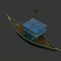 Traditional Wooden Boat With Blue Roof Small Cabin Red Flag And Yellow Trim