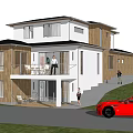 Modern Single Family House Exterior With Large Windows Green Lawn Red Car And Trees Around