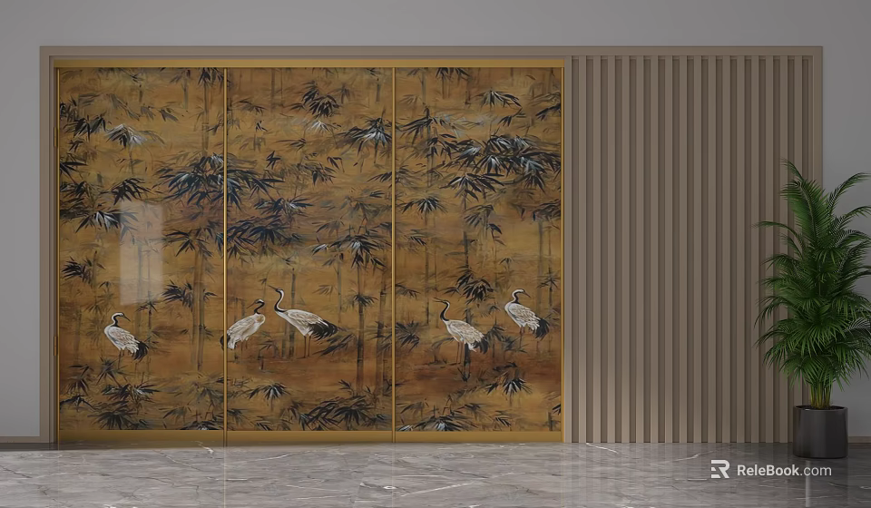 Decorative Golden Sliding Door With Bamboo And Crane Patterns In Modern Interior 3d model 