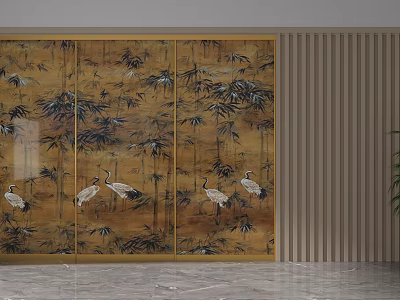 Decorative Golden Sliding Door With Bamboo And Crane Patterns In Modern Interior 3d model