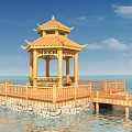 Chinese Style Wooden Pavilion On Water With Stone Base Multi Tiered Roof And Walkway