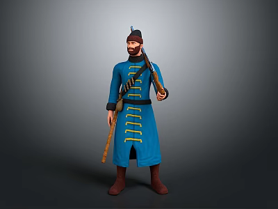 Traditional Man Wearing Blue Robe With Hat Beard Quiver And Long Stick 3d model