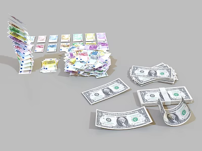 Various Banknotes And US Dollar Bills Stacked And Scattered With Colorful Notes 3d model