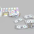 Various Banknotes And US Dollar Bills Stacked And Scattered With Colorful Notes