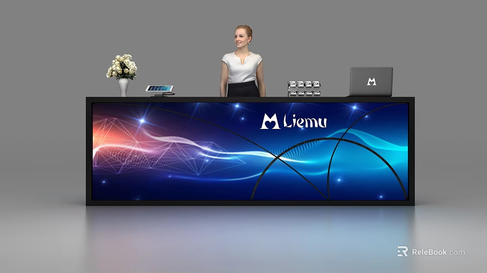Liemu Modern Reception Desk With Receptionist Tablet Laptop White Flower Vase And Colorful Wave Patterns 3d model 