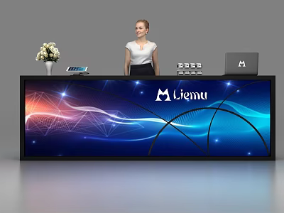 Liemu Modern Reception Desk With Receptionist Tablet Laptop White Flower Vase And Colorful Wave Patterns 3d model