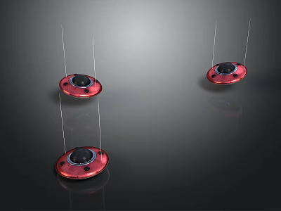 Three Red Circular Reflective Spacecraft With Black Center Suspended In Dark Cosmic Background 3d model