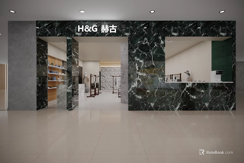 Modern Clothing Store With Marble Walls Spacious Interior And Display Racks 3d model 