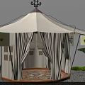 White Tent with Decorative Top Beige Curtains Round Carpet and Lanterns in Outdoor Green Area