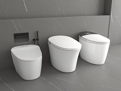 Three Modern White Toilets In Gray Marble Bathroom Design With Sleek Look 3d model