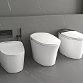 Three Modern White Toilets In Gray Marble Bathroom Design With Sleek Look