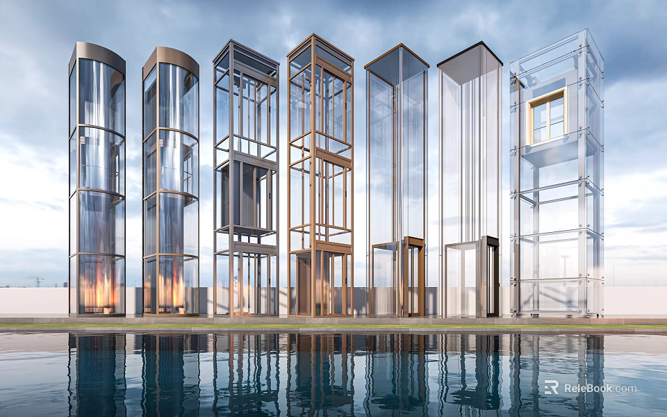 Modern Glass Elevator Structures With Metal Frames Reflecting In Water 3d model 