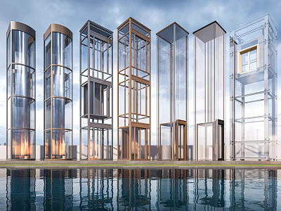 Modern Glass Elevator Structures With Metal Frames Reflecting In Water 3d model