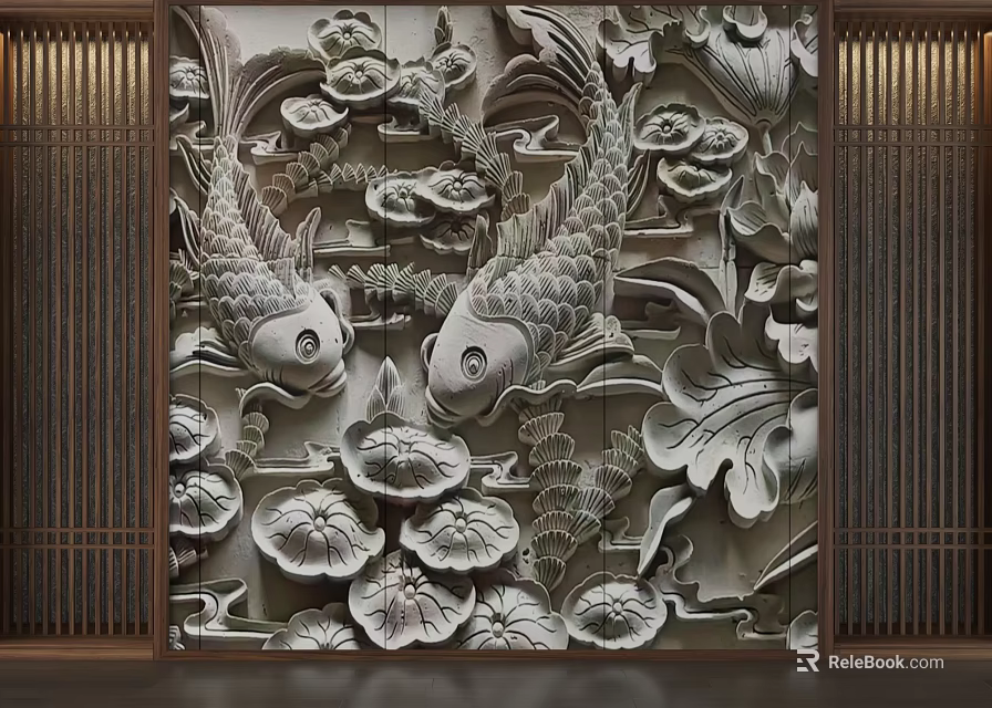 Chinese Style Carved Background Wall With Koi Fish Lotus Leaves And Relief Design 3d model 