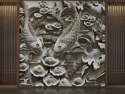 Chinese Style Carved Background Wall With Koi Fish Lotus Leaves And Relief Design 3d model