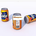Three Mountain Soda Cans with Orange Design in Different Positions on White Background