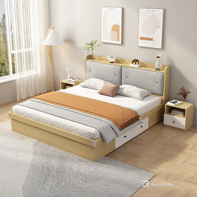 Modern Double Bed with Grey Upholstered Headboard Wooden Frame Storage Drawers and Nightstands Table Lamp 3d model 