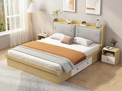 Modern Double Bed with Grey Upholstered Headboard Wooden Frame Storage Drawers and Nightstands Table Lamp 3d model