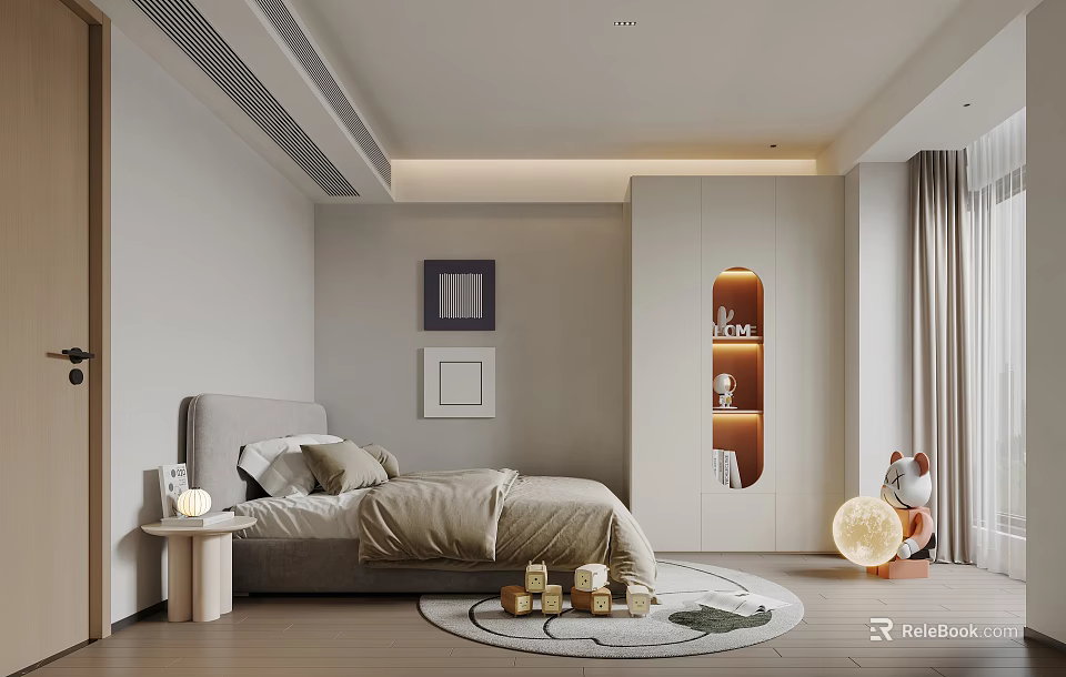 Warm Modern Minimalist Bedroom With Light Gray Bed Beige Bedding Circular Light Cabinet And Round Rug 3d model 