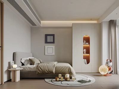 Warm Modern Minimalist Bedroom With Light Gray Bed Beige Bedding Circular Light Cabinet And Round Rug 3d model