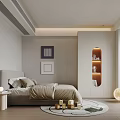 Warm Modern Minimalist Bedroom With Light Gray Bed Beige Bedding Circular Light Cabinet And Round Rug