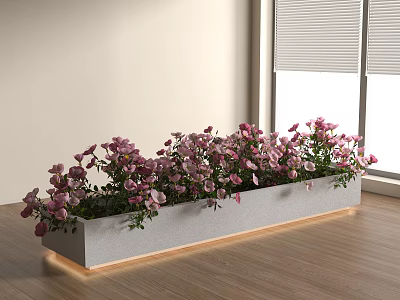 Pink and Purple Flowers in Gray Planter with Glowing Base by Window on Wooden Floor 3d model