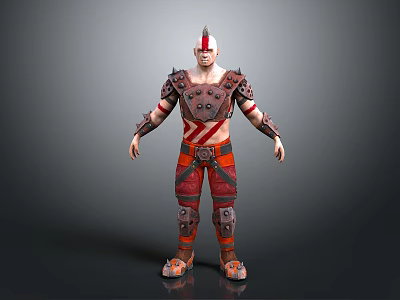 Detailed Fierce Warrior Character With Spiked Helmet Spiked Armor And Red Orange Striped Outfit 3d model