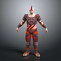 Detailed Fierce Warrior Character With Spiked Helmet Spiked Armor And Red Orange Striped Outfit
