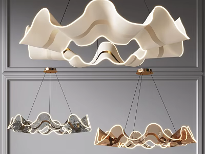 Modern Wave Shaped Chandeliers With Gold Accents Hanging On Gray Paneled Wall 3d model
