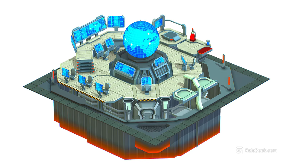 Cartoon Style Space Command Center With Blue Globe And Control Panels 3d model 