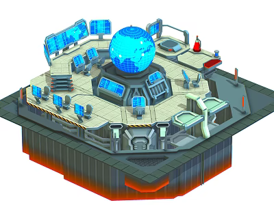 Cartoon Style Space Command Center With Blue Globe And Control Panels 3d model
