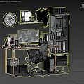 Modern Home Office Desk With Computer Monitor Green Plant Bookshelf Wall Clock And Gray Chair