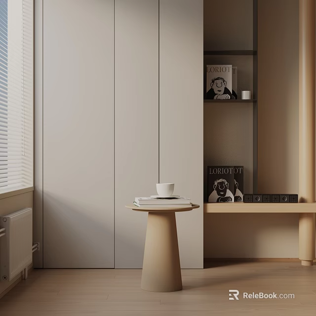 Light Colored Side Table By Window With White Cup Several Books And Window Blinds 3d model 