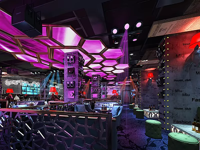 Stylish Bar Interior With Purple Lighting Geometric Ceiling And Cozy Seating 3d model