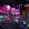 Stylish Bar Interior With Purple Lighting Geometric Ceiling And Cozy Seating