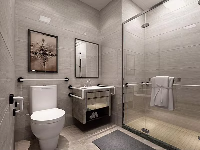 Modern Barrier Free Bathroom With Safety Handrails Light Grey Tiles Toilet And Glass Shower Enclosure 3d model