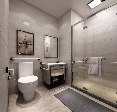 Modern Barrier Free Bathroom With Safety Handrails Light Grey Tiles Toilet And Glass Shower Enclosure 3d model
