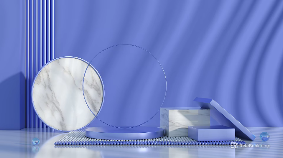 Modern Display Shelves Featuring Blue Background Marble Texture Transparent Circular Stands and Block Elements 3d model