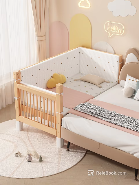 Kids Toddler Bed with Wooden Guard Rail White Polka Dot Bumper Yellow Beige Pillows 3d model 