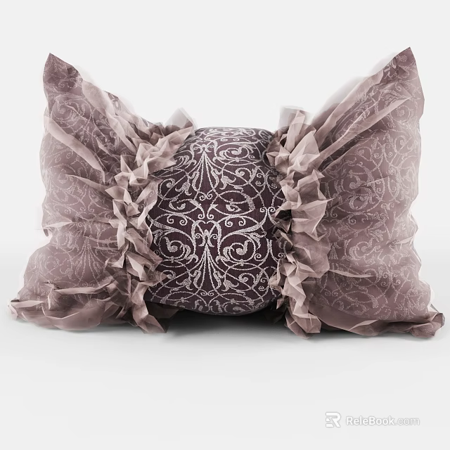 Purple Decorative Throw Pillow With White Intricate Pattern And Ruffled Edges For Home Decor 3d model 