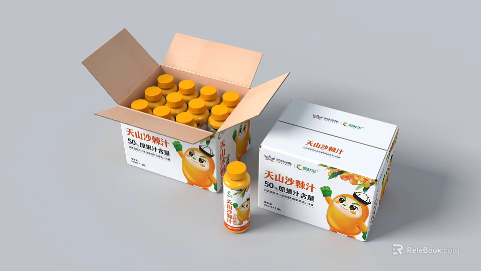Tianshan Sea Buckthorn Juice Packaging Box With Bottles And Cartoon Design 3d model 