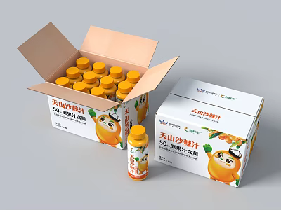 Tianshan Sea Buckthorn Juice Packaging Box With Bottles And Cartoon Design 3d model