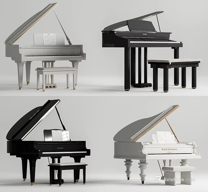 Various Black And White Acoustic Pianos With Stools Open Lid And Music Sheets 3d model 