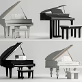 Various Black And White Acoustic Pianos With Stools Open Lid And Music Sheets