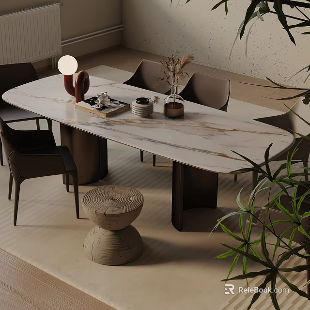 Elegant Dining Table Set With Marble Tabletop Dark Chairs Decorative Accents And Green Plants 3d model 