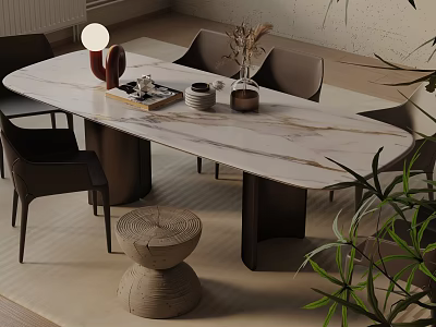 Elegant Dining Table Set With Marble Tabletop Dark Chairs Decorative Accents And Green Plants 3d model