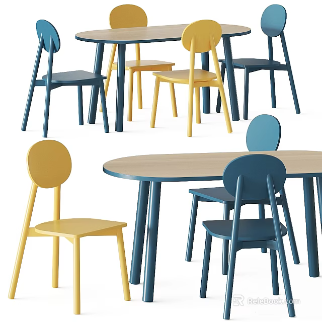 Modern Round Dining Table With Blue Yellow Chairs And Wooden Tabletop 3d model 