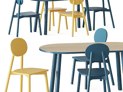 Modern Round Dining Table With Blue Yellow Chairs And Wooden Tabletop 3d model