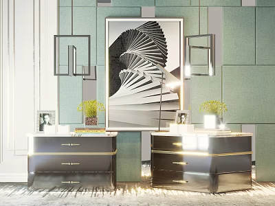 Elegant Modern Black Bedside Tables With Gold Handles Green Wall Decorative Painting Plants Table Lamp 3d model