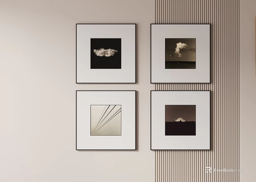 Four Botanical Paintings Hanging On Wall With White Frames And Minimalist Decor 3d model 